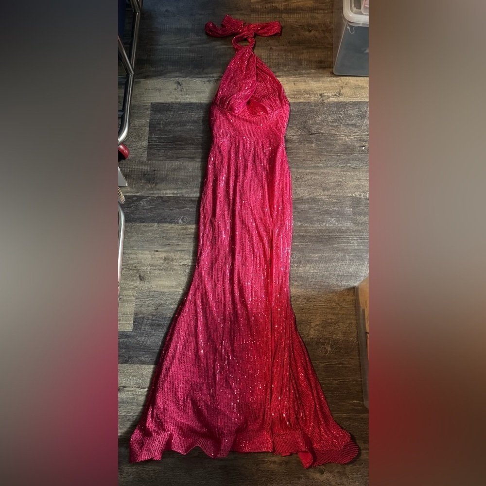 Stunning Pink Halter Neck Sequin Gown with built in padding and high slit